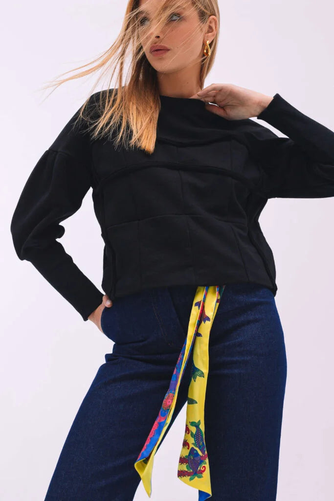 Black sweatshirt with imitation bustier, handmade