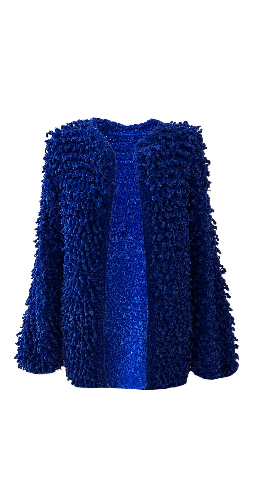 Cárdigan boucle azul hecho a mano