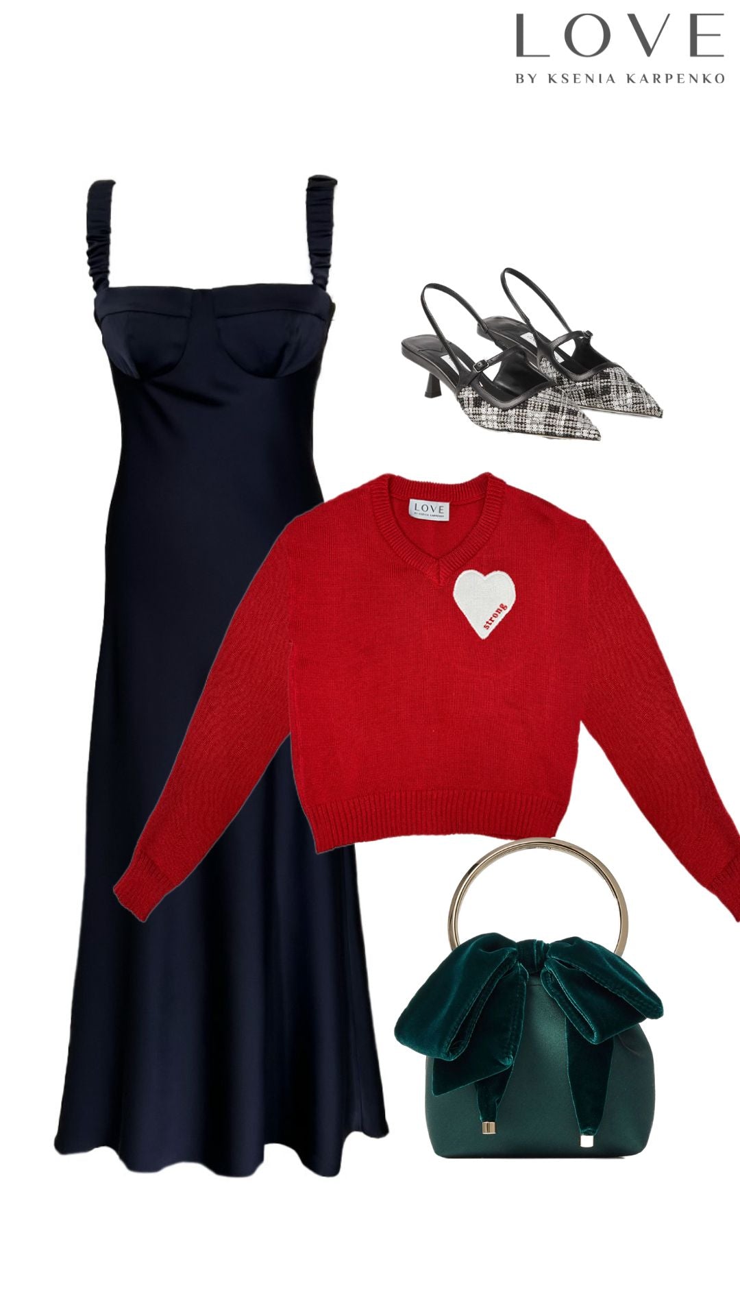 Jersey de algodón verde con cuello de pico y bordado "corazón".