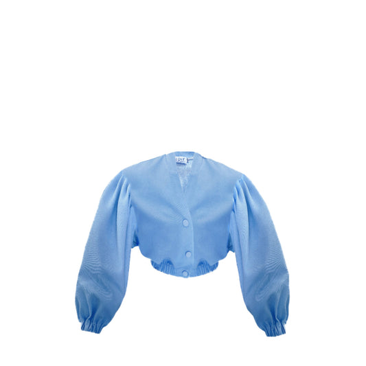 Blue denim jacket with buff sleeves