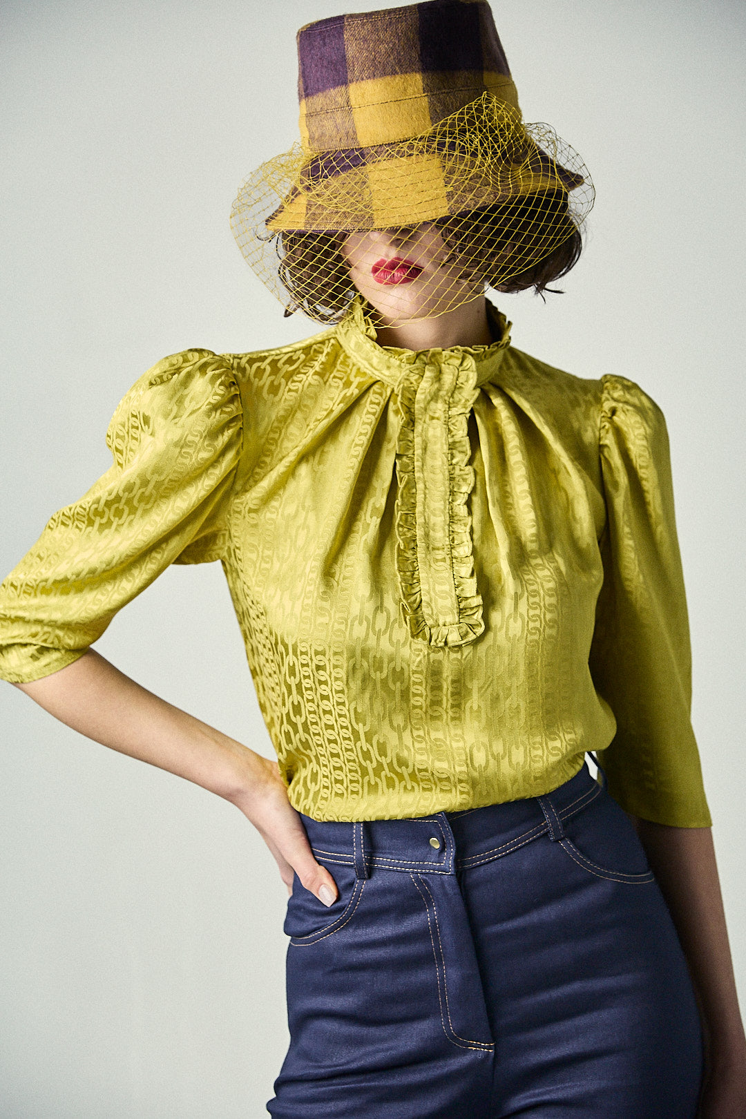 Jacquard blouse with a ruffled neckline “Golden Sunshine"