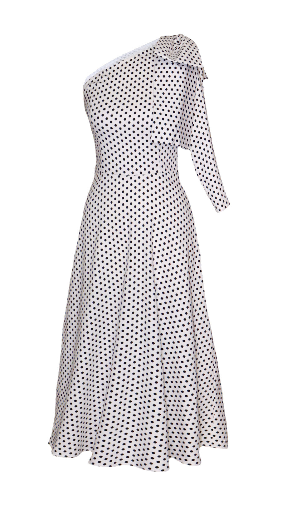 One-shoulder polka dot dress with a bow