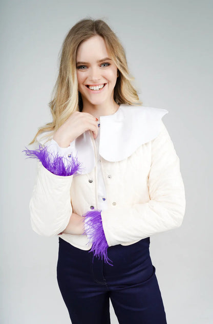 Embroidered padded coat with detachable feathers