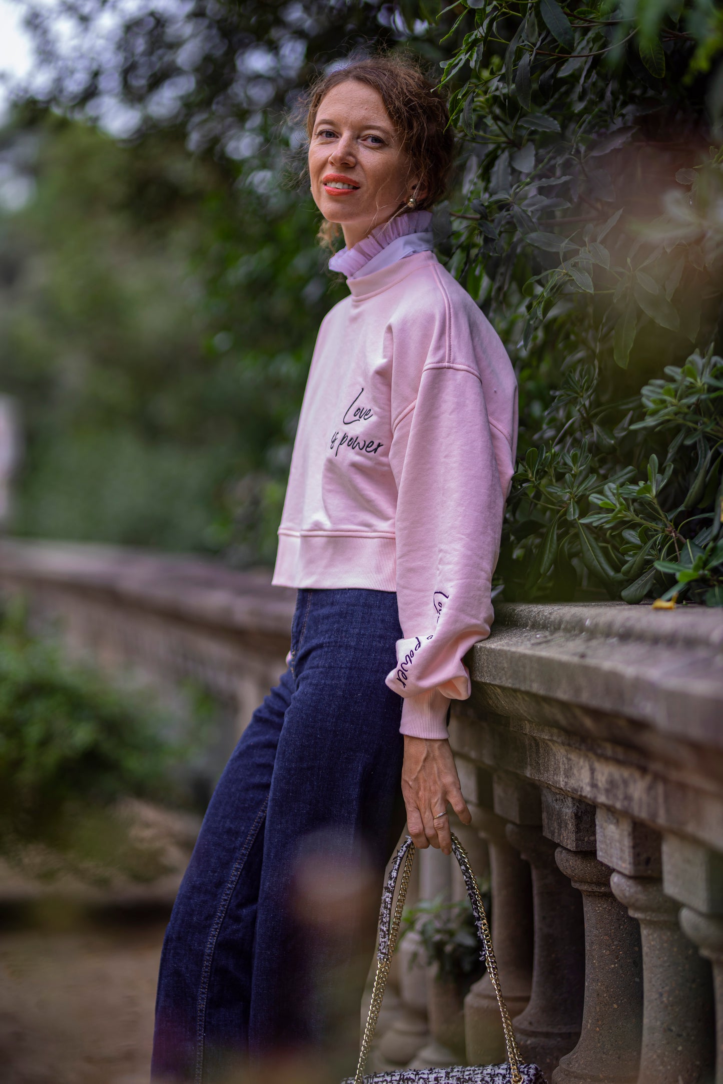 Gentle pink sweater with embroidery “LOVE IS POWER”