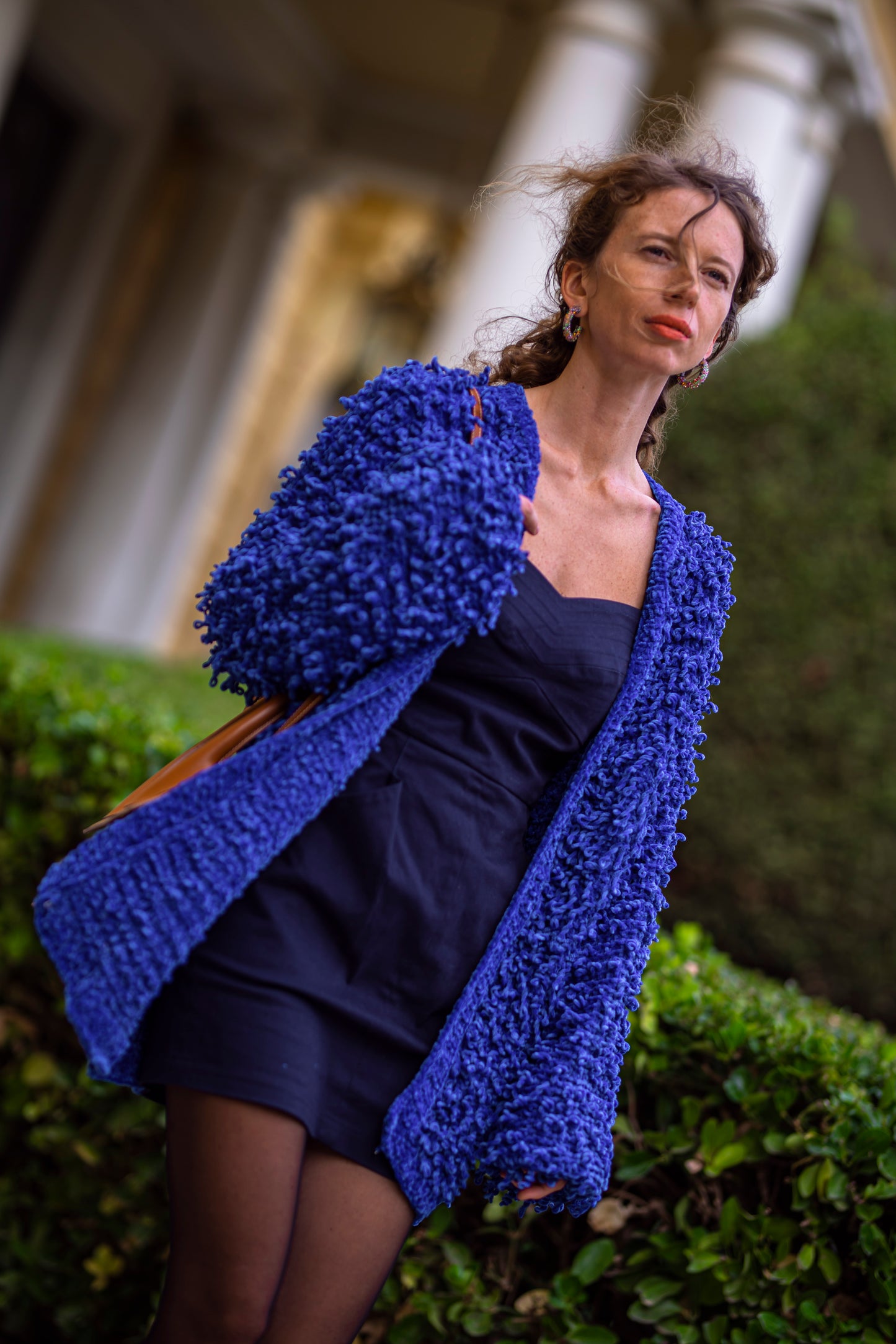 Cárdigan boucle azul hecho a mano