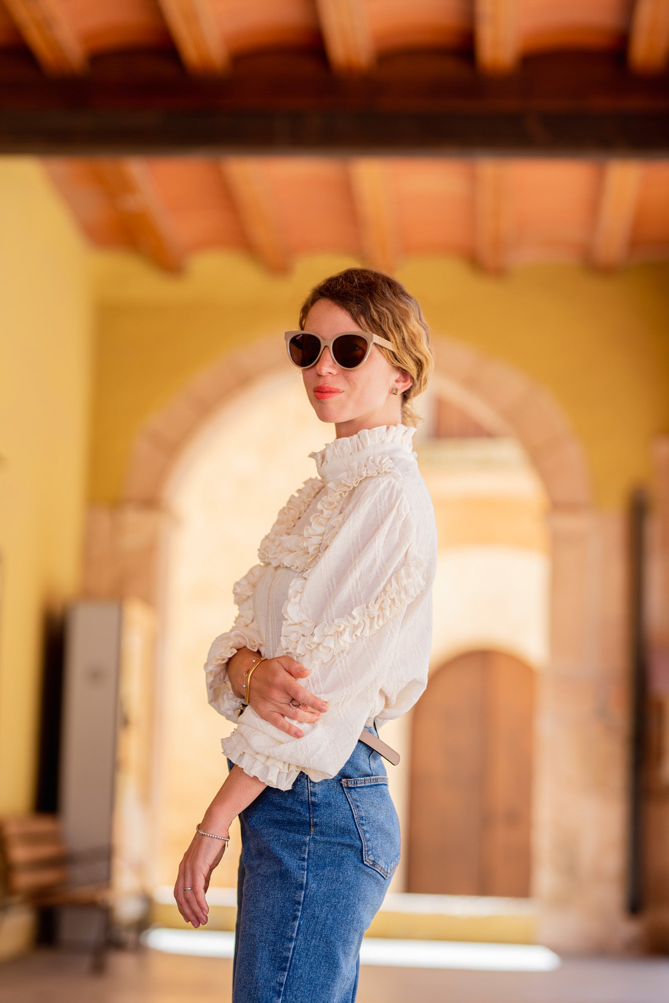 Jacard Blouse with Ruffles