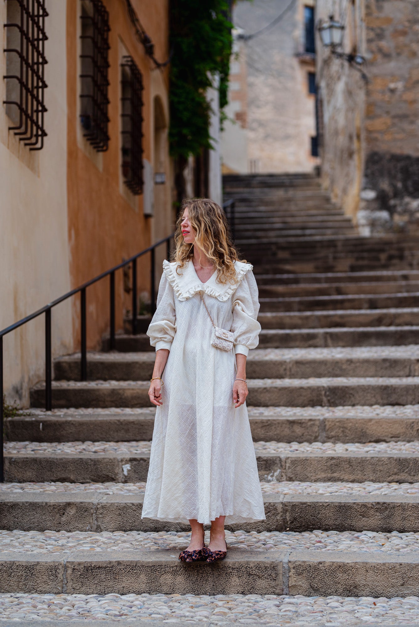 Vestido midi Jackard con cuello Peter Pan