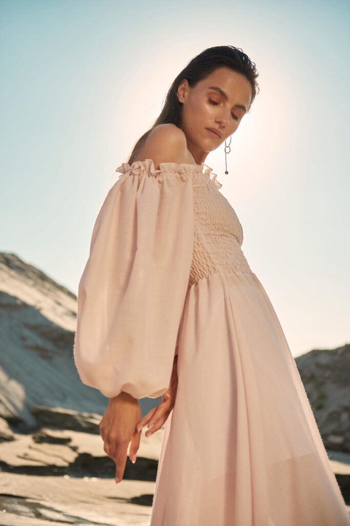 Pale pink dress in blue polka dot print