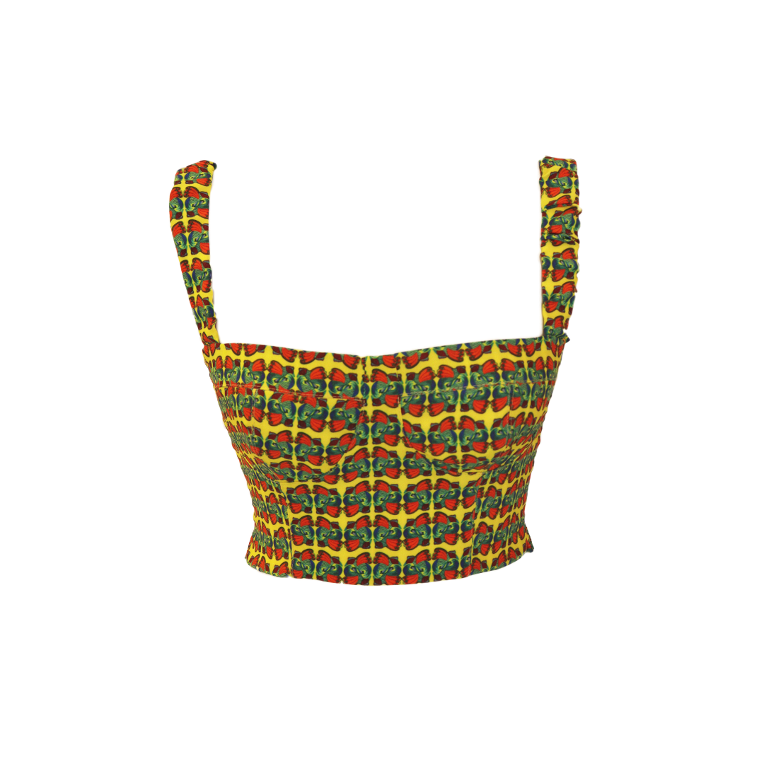 Top bustier with hand-printed bird print