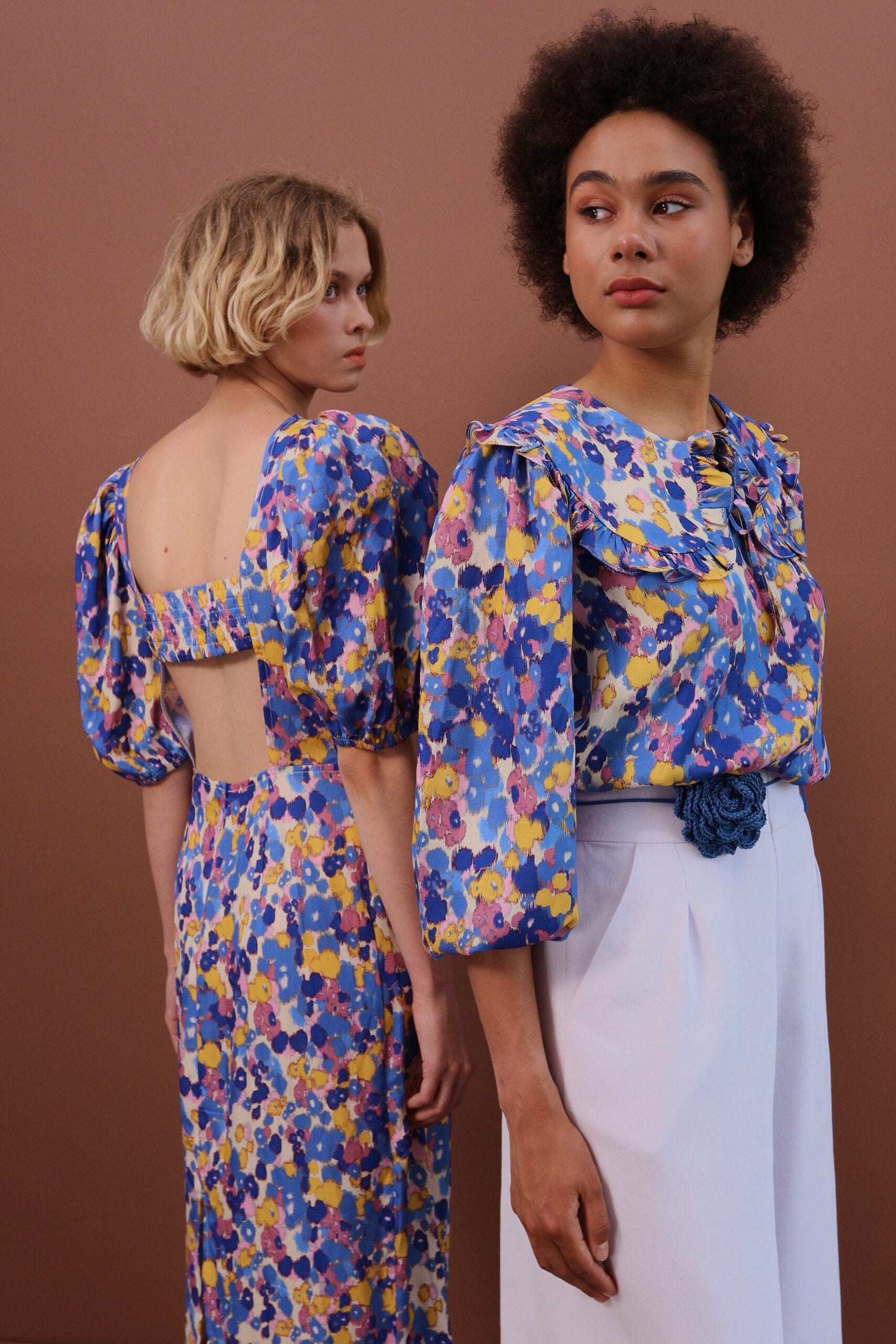 Silk Tie-Die Blouse with a Peter-Pan collar.