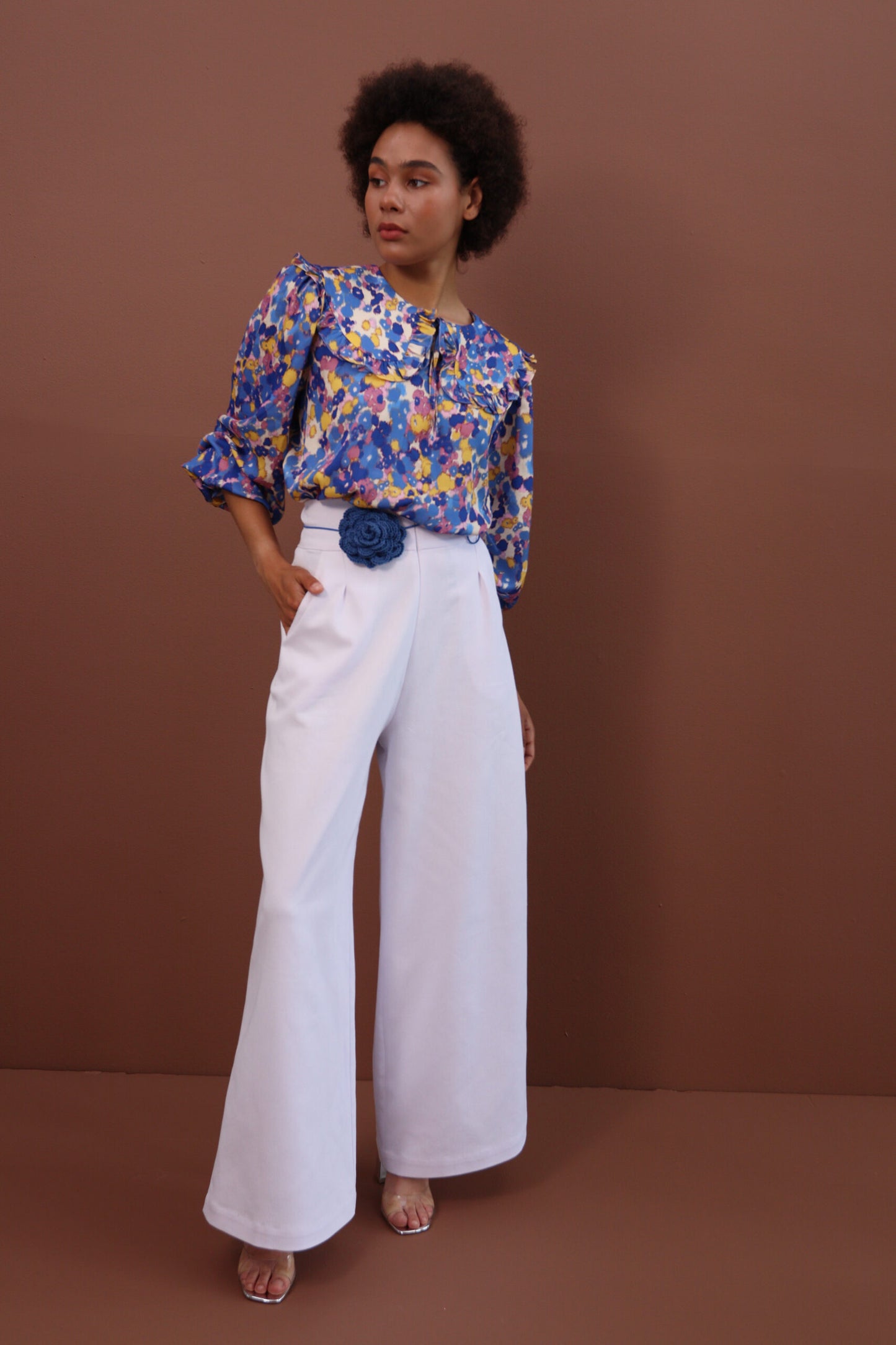 Silk Tie-Die Blouse with a Peter-Pan collar.
