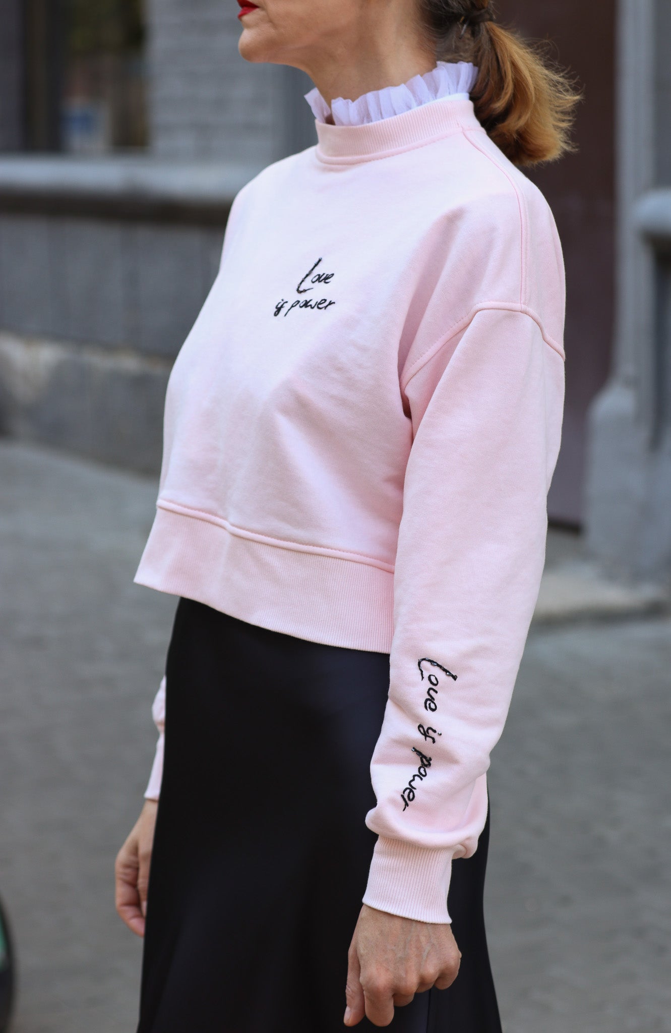 Gentle pink sweater with embroidery “LOVE IS POWER”