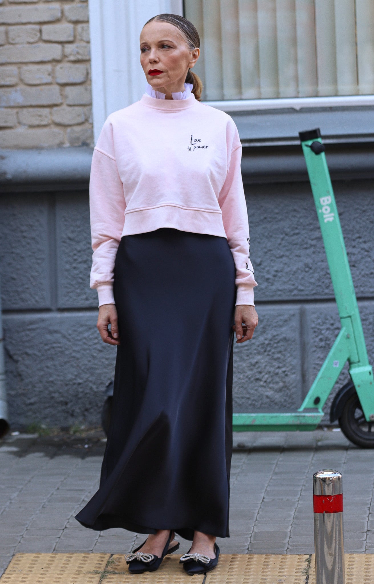 Gentle pink sweater with embroidery “LOVE IS POWER”
