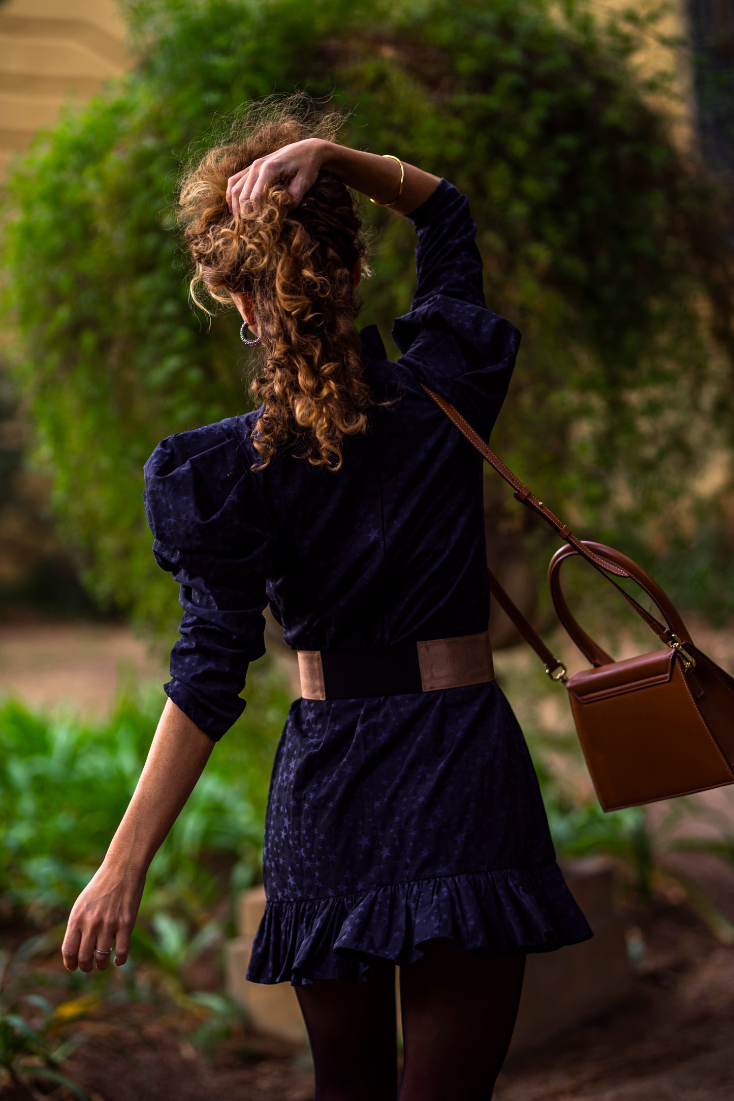 Black Jacquard mini dress with puff-shoulder sleeves