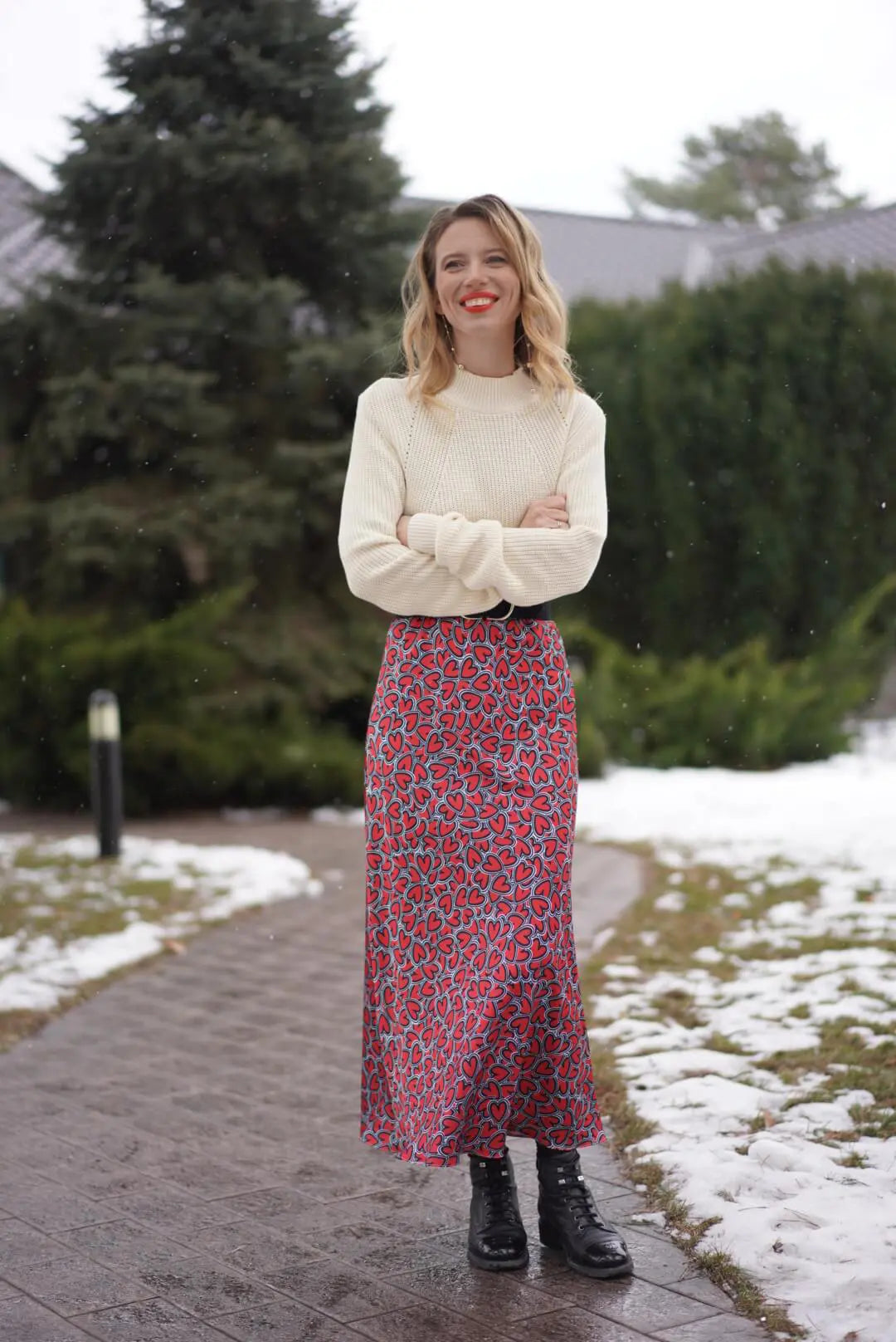 Dress with a cutout in front, author's print "heart", midi length