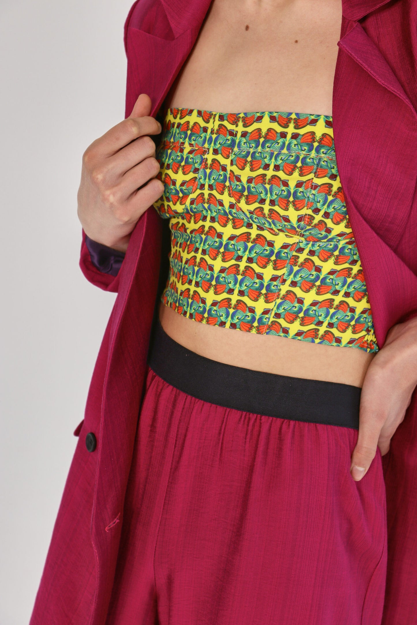 Top bustier with hand-printed bird print