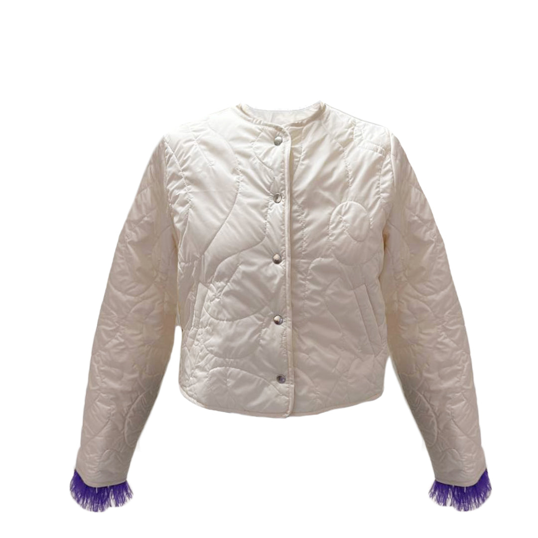 Embroidered padded coat with detachable feathers