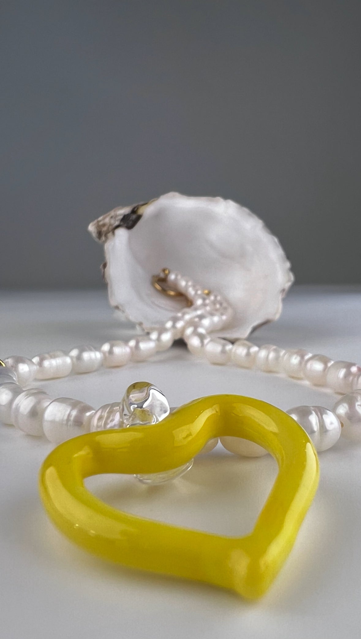 LOVE is, river pearl necklace with recycled glass hearts