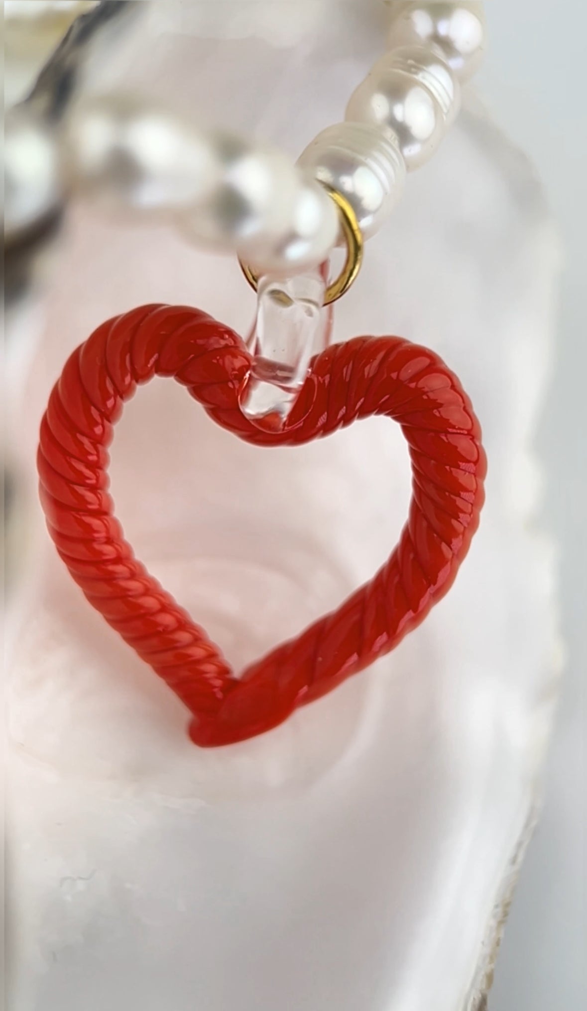 LOVE is, river pearl necklace with recycled glass hearts