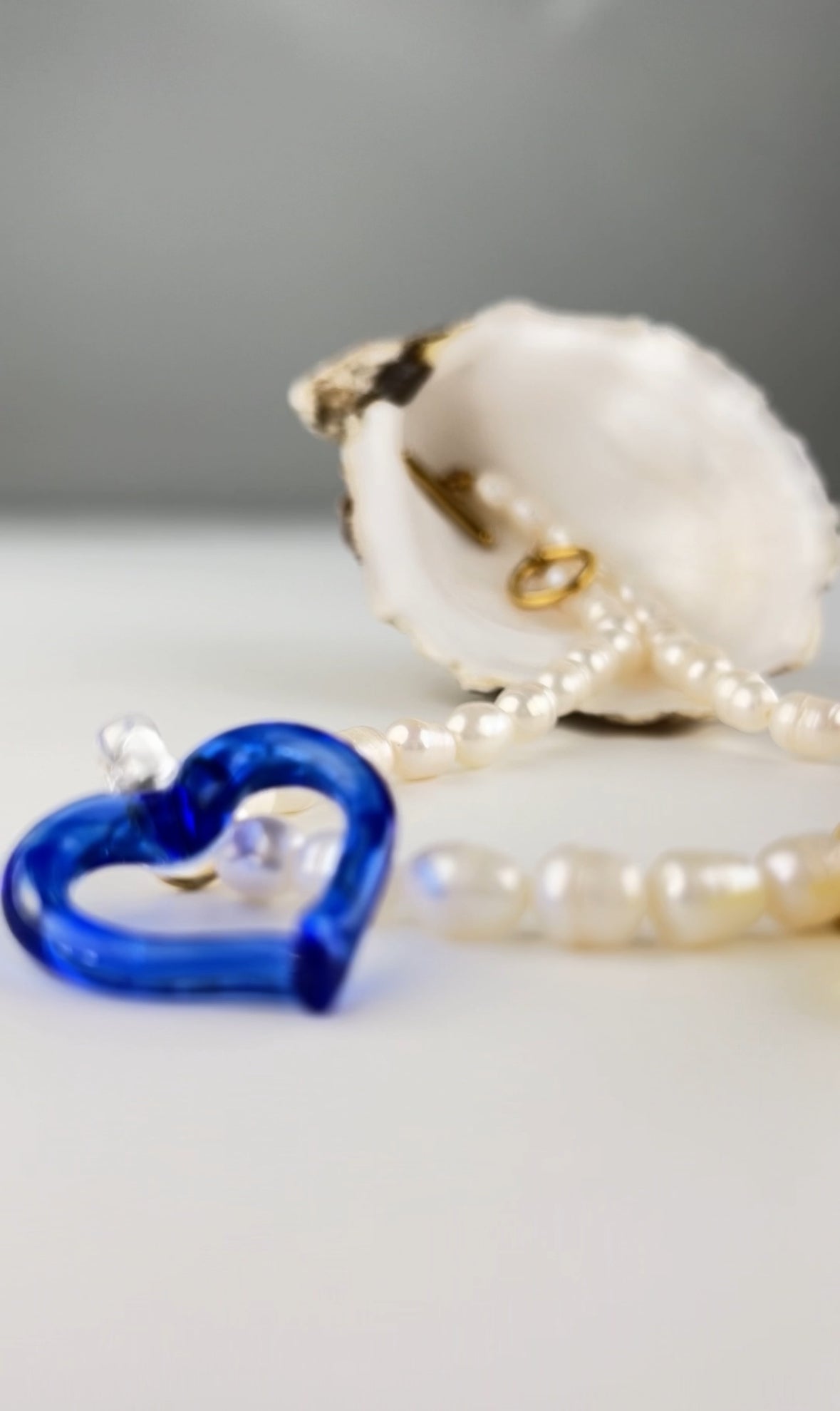 LOVE is, river pearl necklace with recycled glass hearts