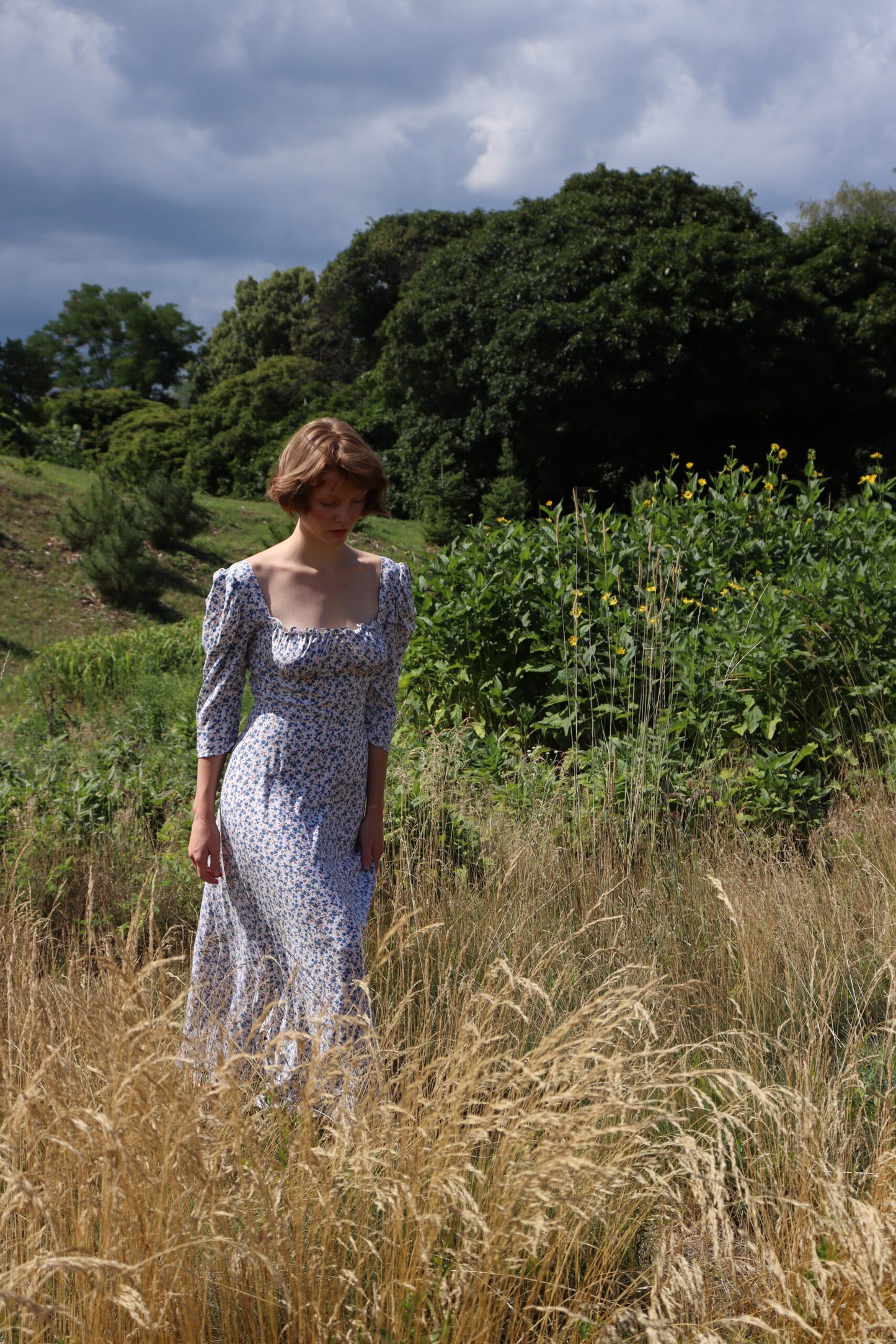 Midi dress with cut-outs on the vest , corn-flower print