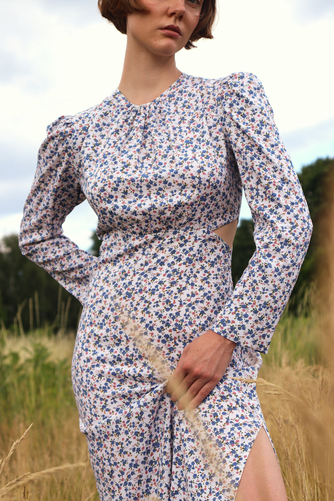 Midi dress with cut-outs on the vest , corn-flower print