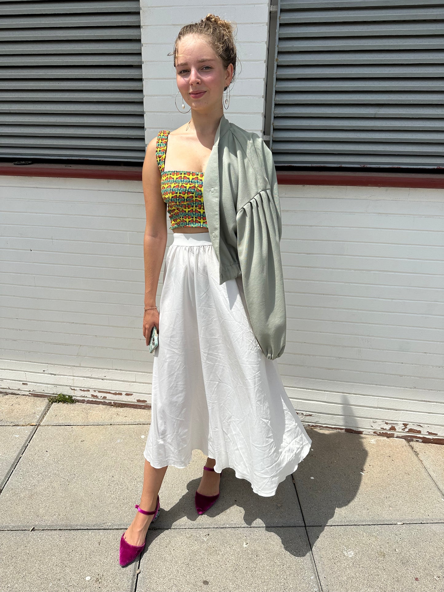 Top bustier with hand-printed bird print