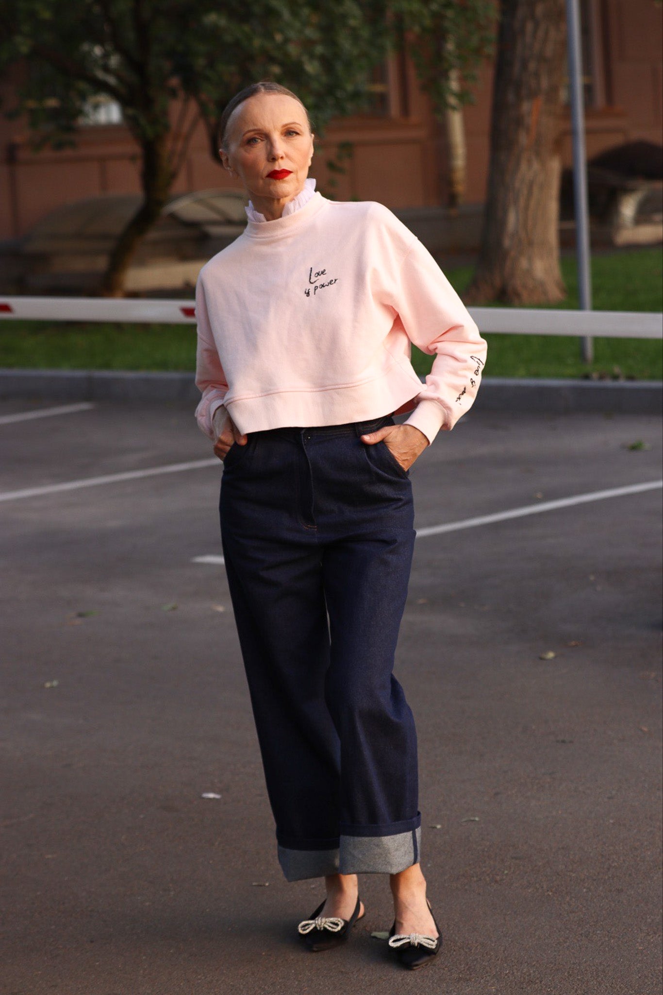 Gentle pink sweater with embroidery “LOVE IS POWER”