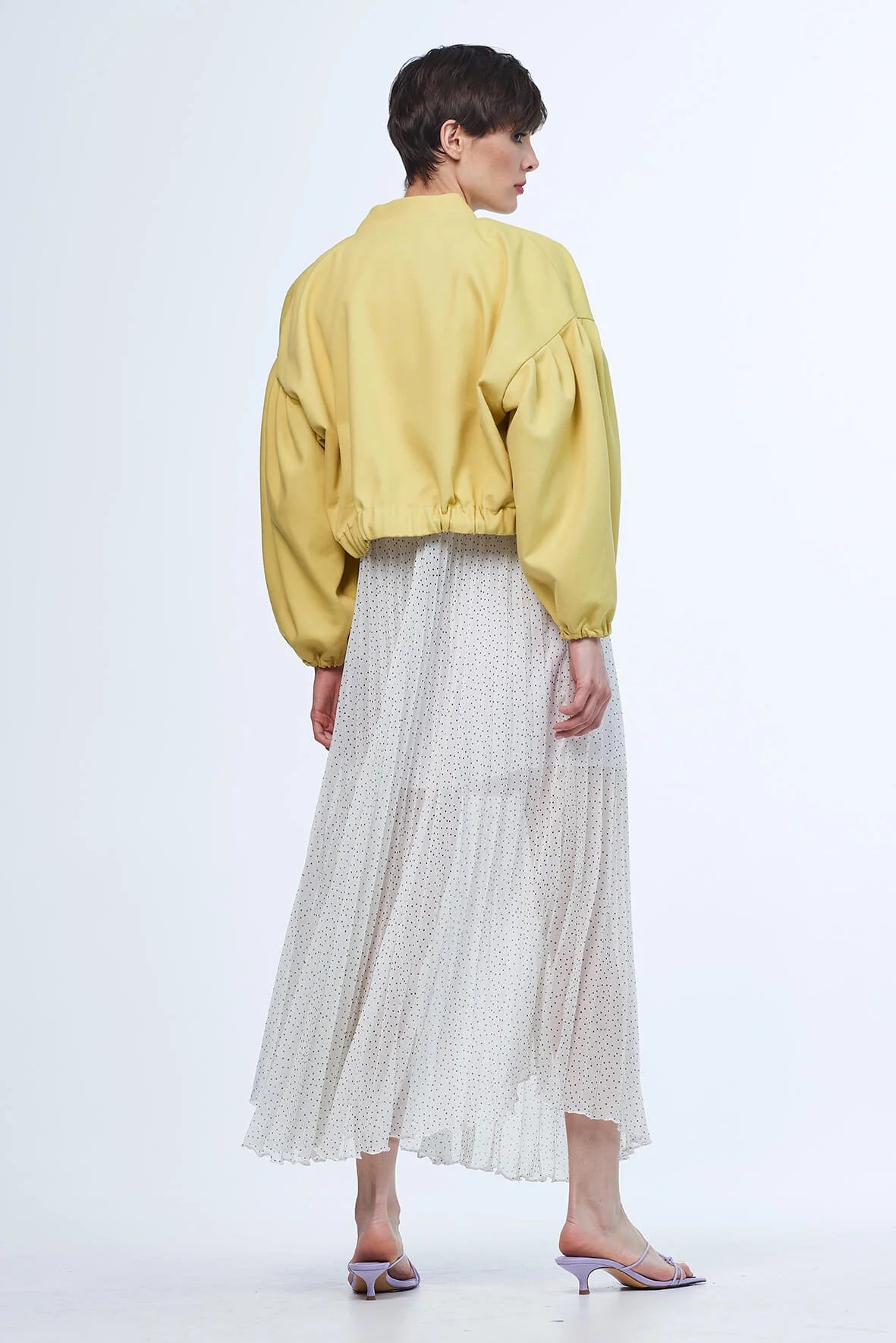 Combined dress with pleated polka dot skirt