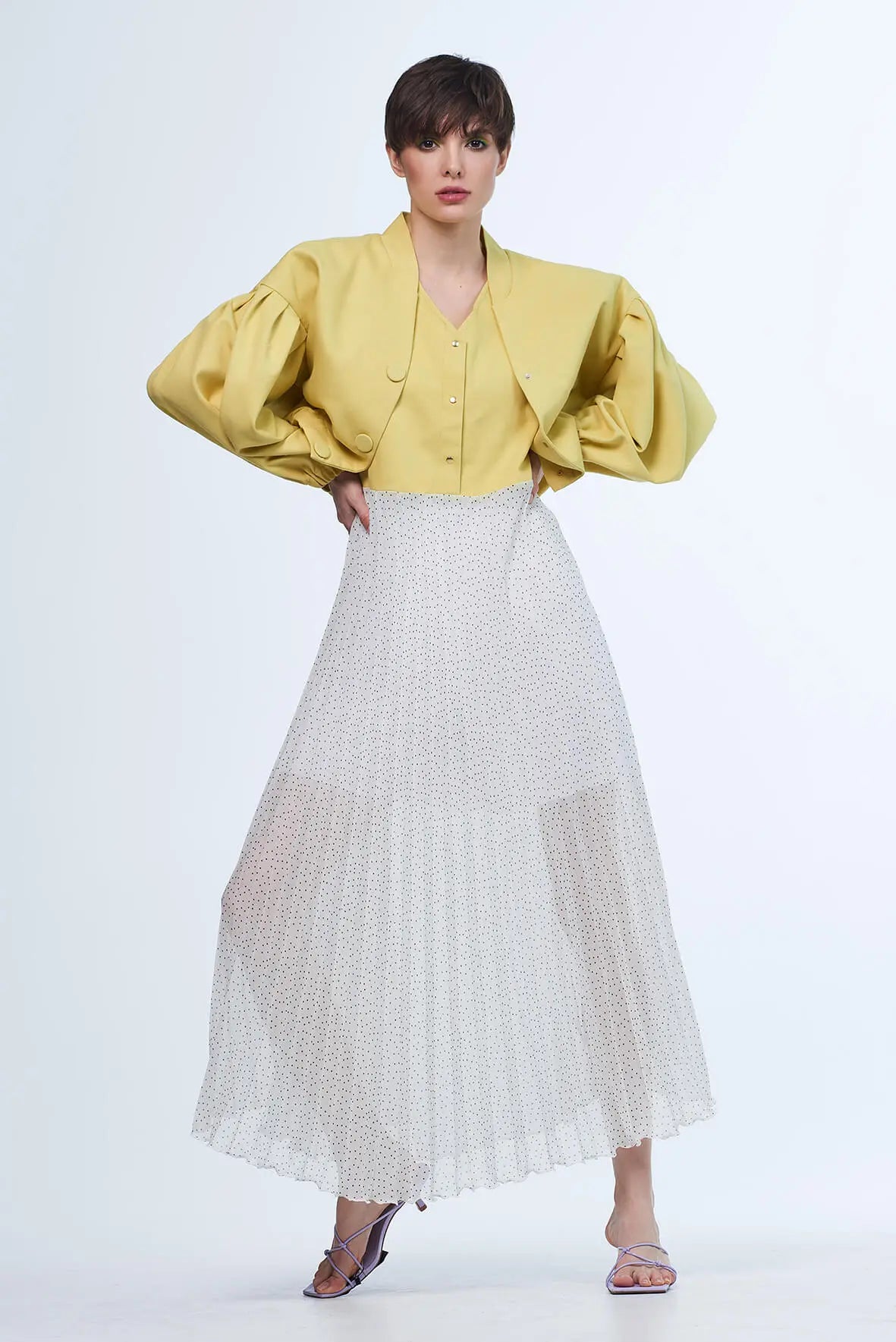 Combined dress with pleated polka dot skirt