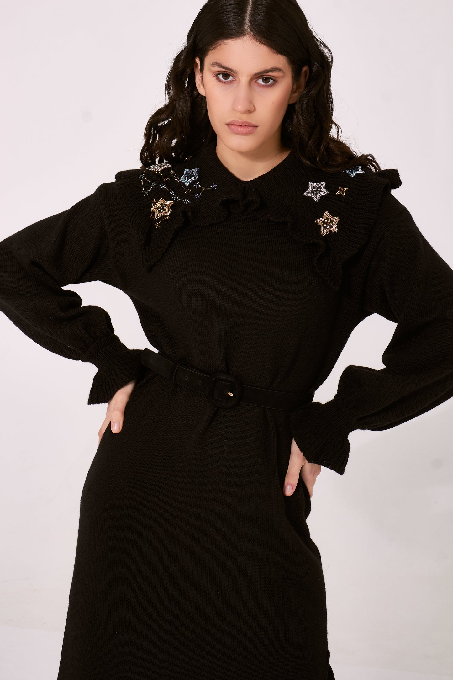 Exclusive black knitted dress-sweater with hand-made embroidery