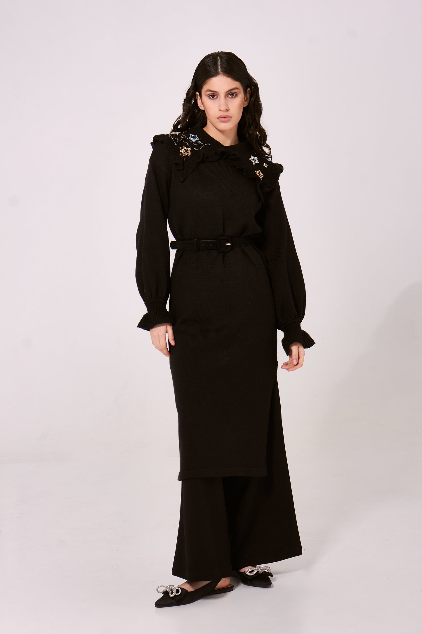 Exclusive black knitted dress-sweater with hand-made embroidery