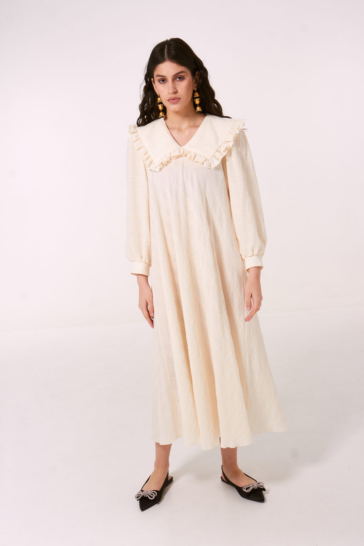 Vestido midi Jackard con cuello Peter Pan