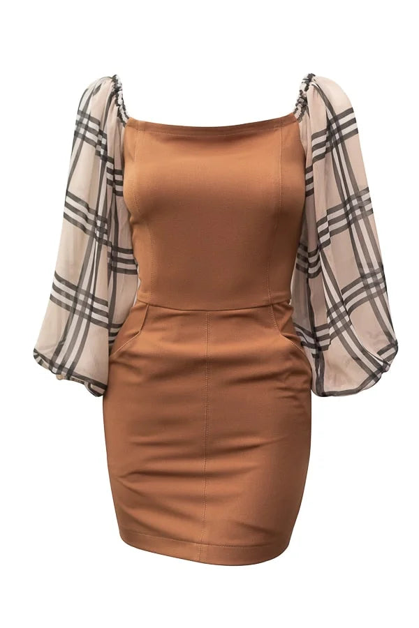 Camel dress with lush sleeves and original checkered print, mini length