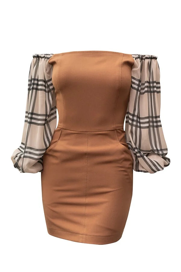Camel dress with lush sleeves and original checkered print, mini length