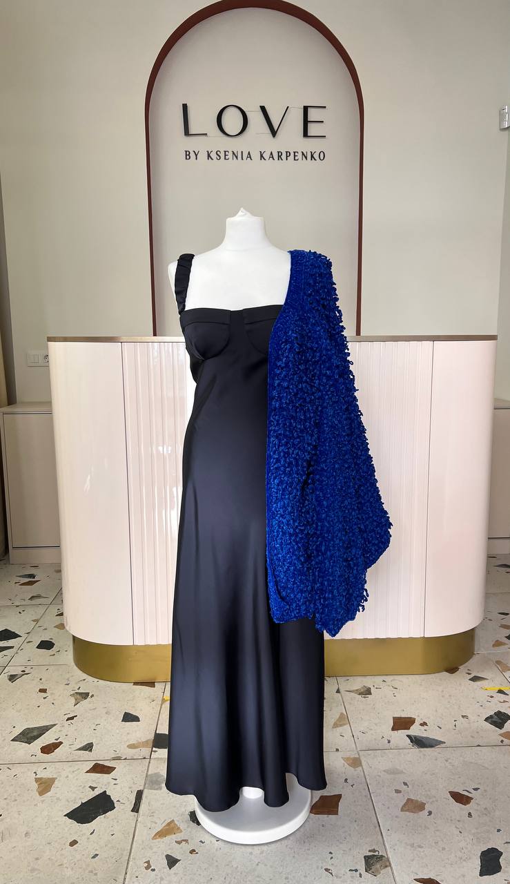 Cárdigan boucle azul hecho a mano