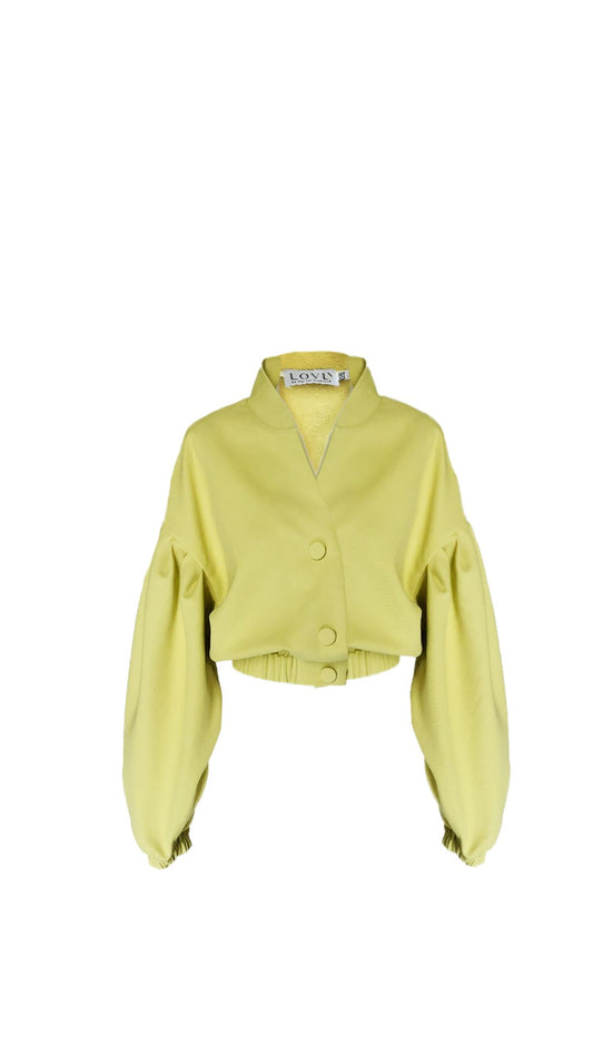 Yellow denim jacket with buff sleeves