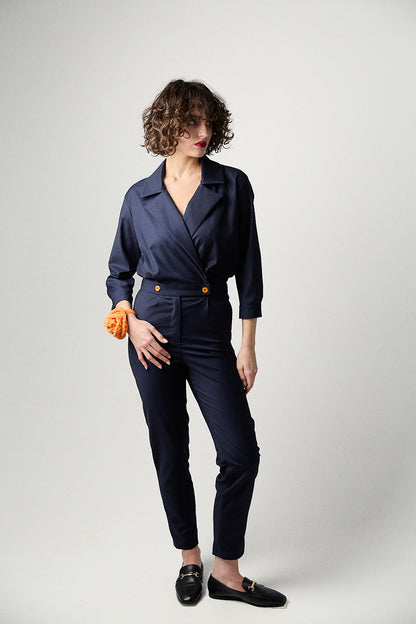 Funky navy blue overall with seashells-buttons