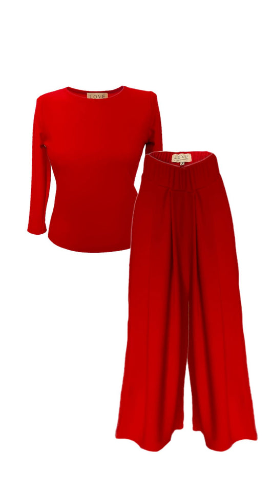 Traje rojo mixto cashmere con pantalón ancho trapecio