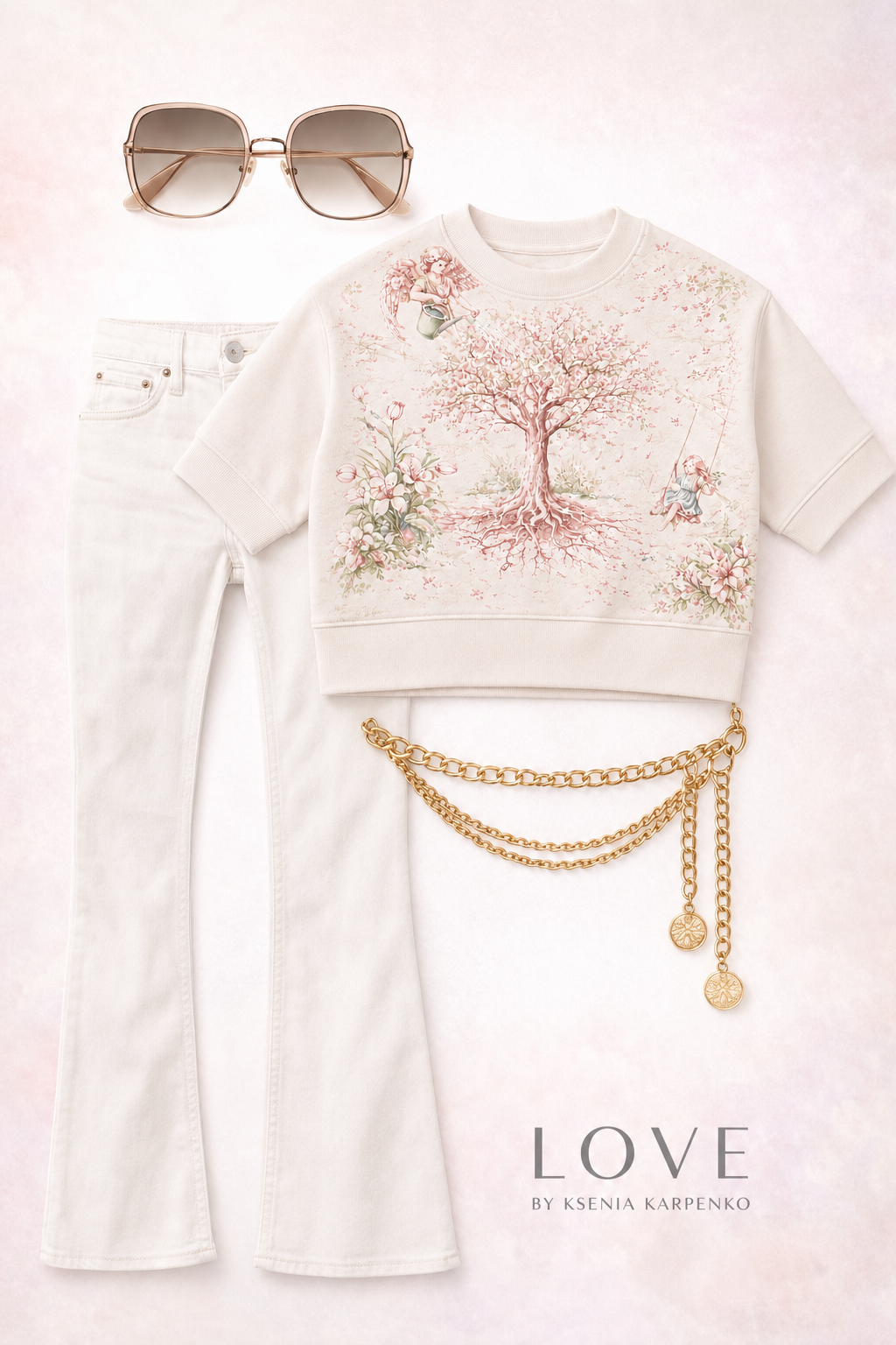 White sweatshirt with floral design, white pants, gold chain belt, and sunglasses on a light pink background. Brand 'LOVE by Ksenia Karpenko' visible.