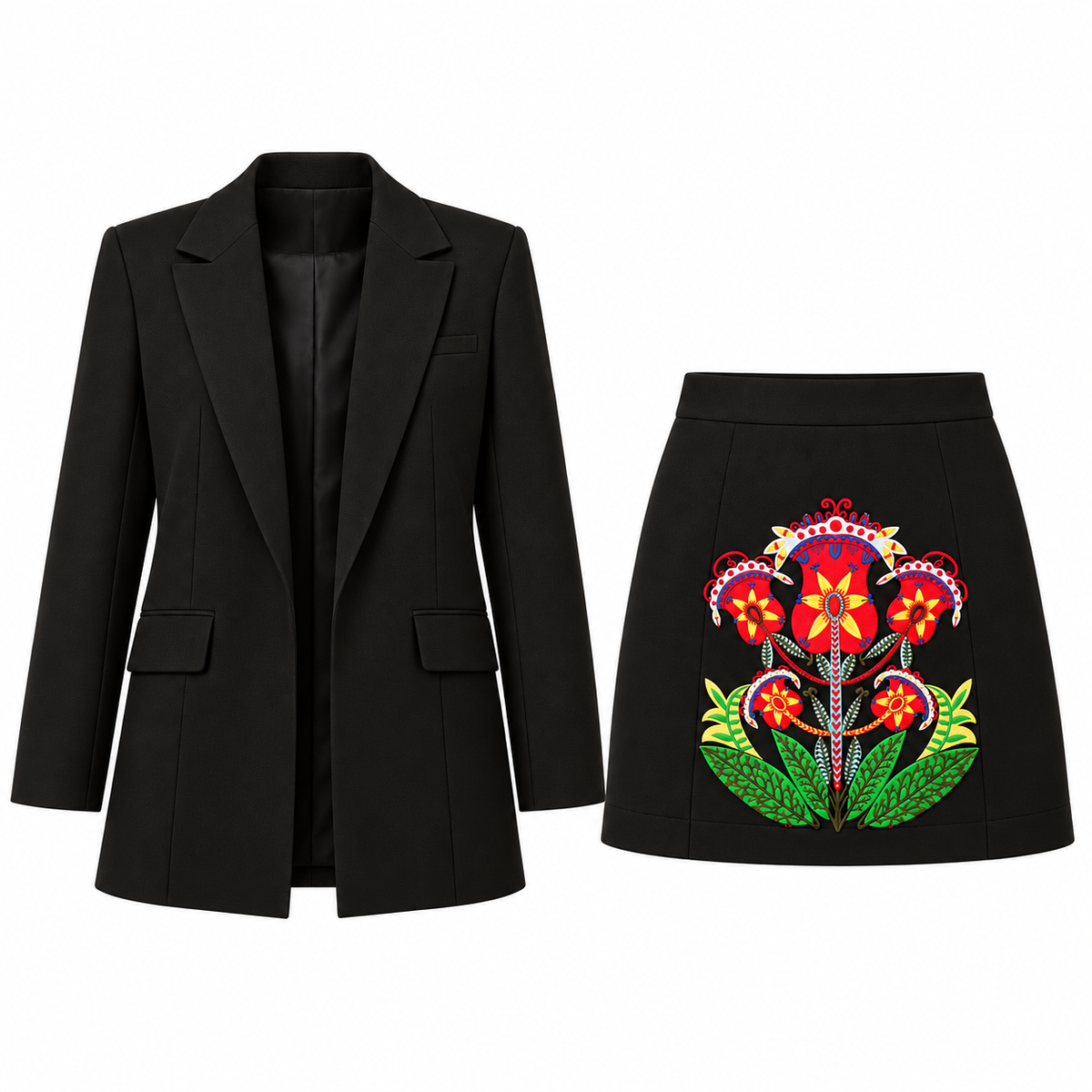 Black Wool suit with an embroidered skirt