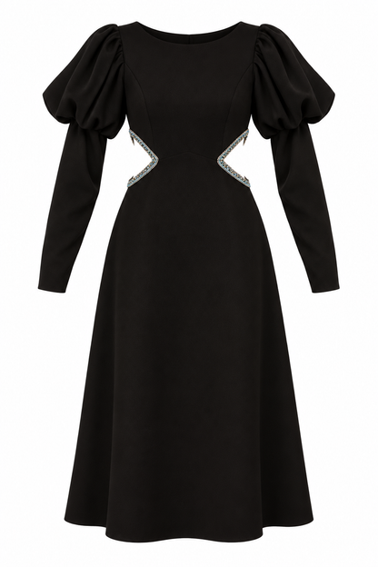 Black Midi Dress with Hand Embroidery