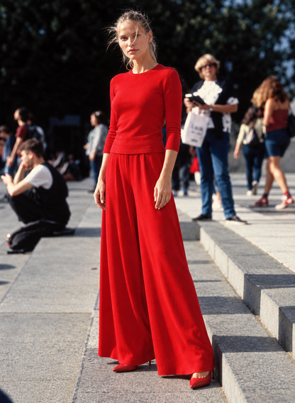 Cashmere blend red suit with wide trapezzo  pants