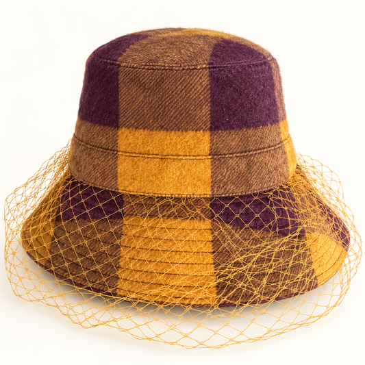 Checked Bucket Hat with Veil