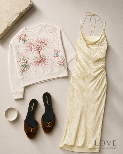 White sweatshirt with floral design, yellow dress, brown sandals, and a small dish on a light background.