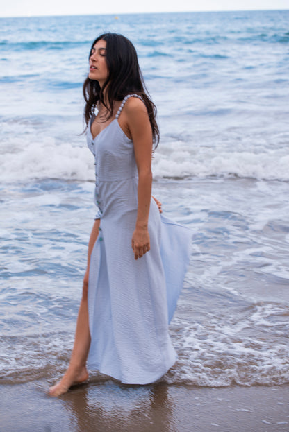Azure Pearl Dress with Shell Buttons