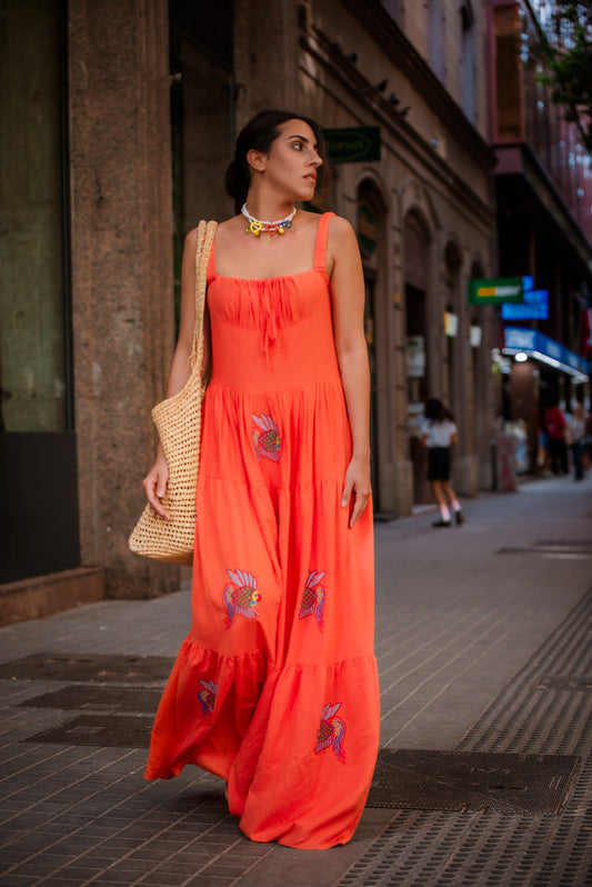 Orange Sundress with a embroidered fish