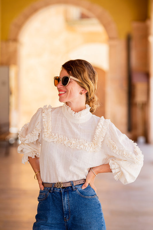 Jacard Blouse with Ruffles