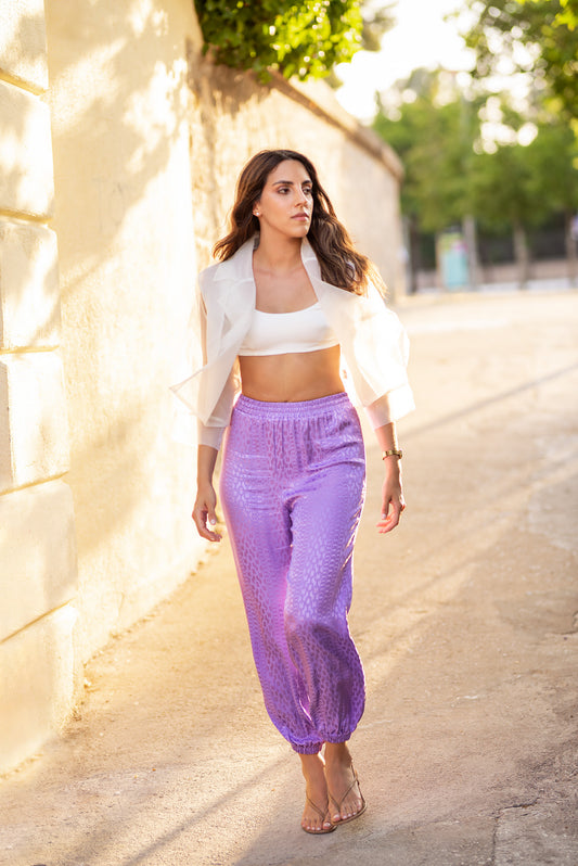 Pantalones de jacquard violeta con motivo de cadenas