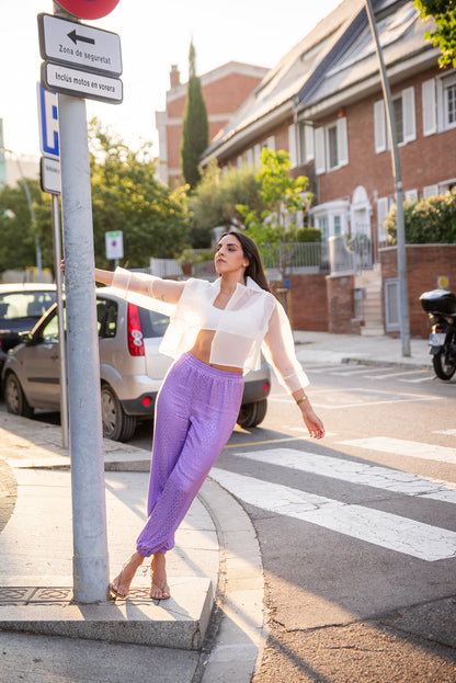 Pantalones de jacquard violeta con motivo de cadenas